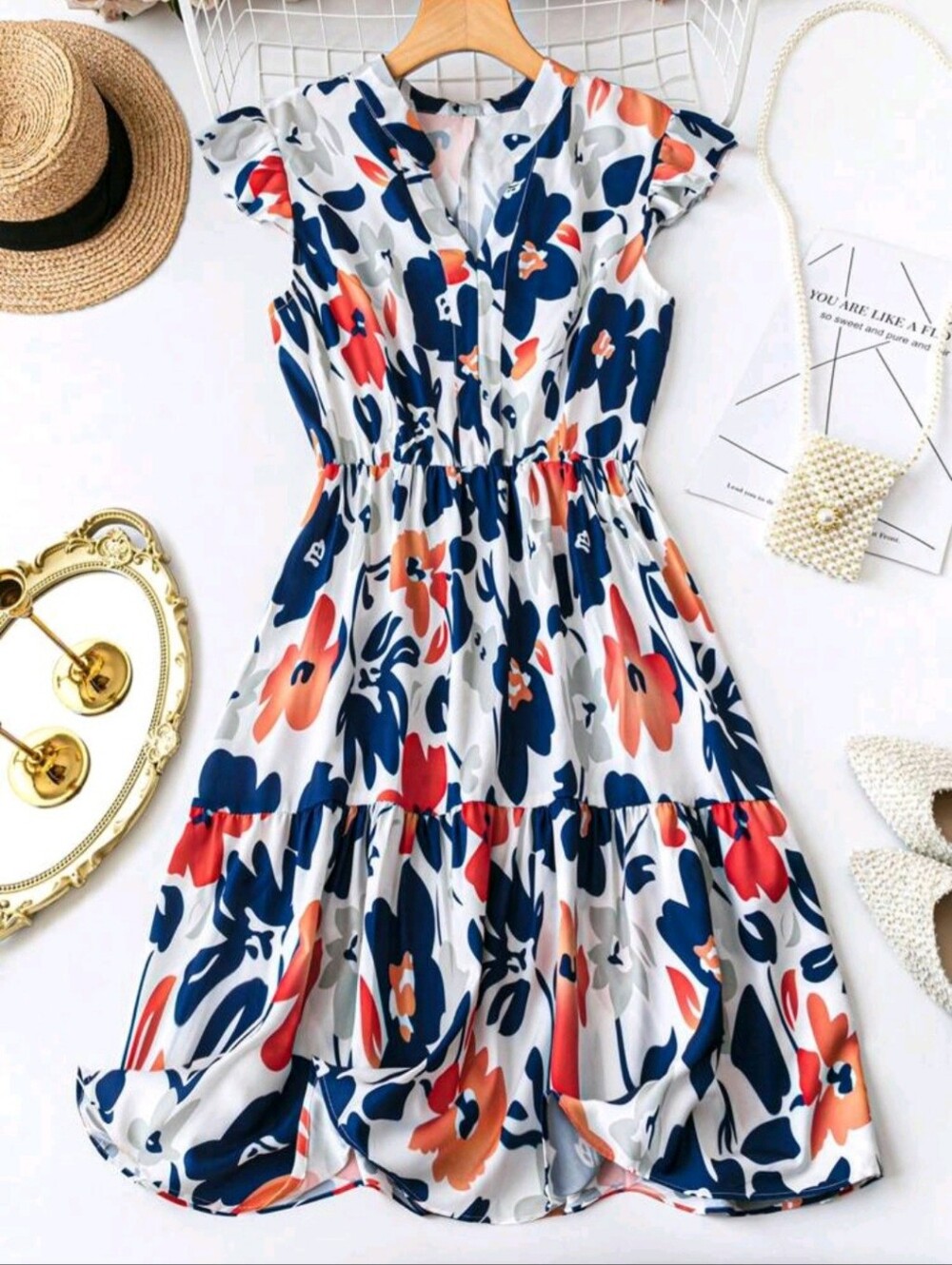 Floral Tiered Midi Dress in White with Navy & Coral